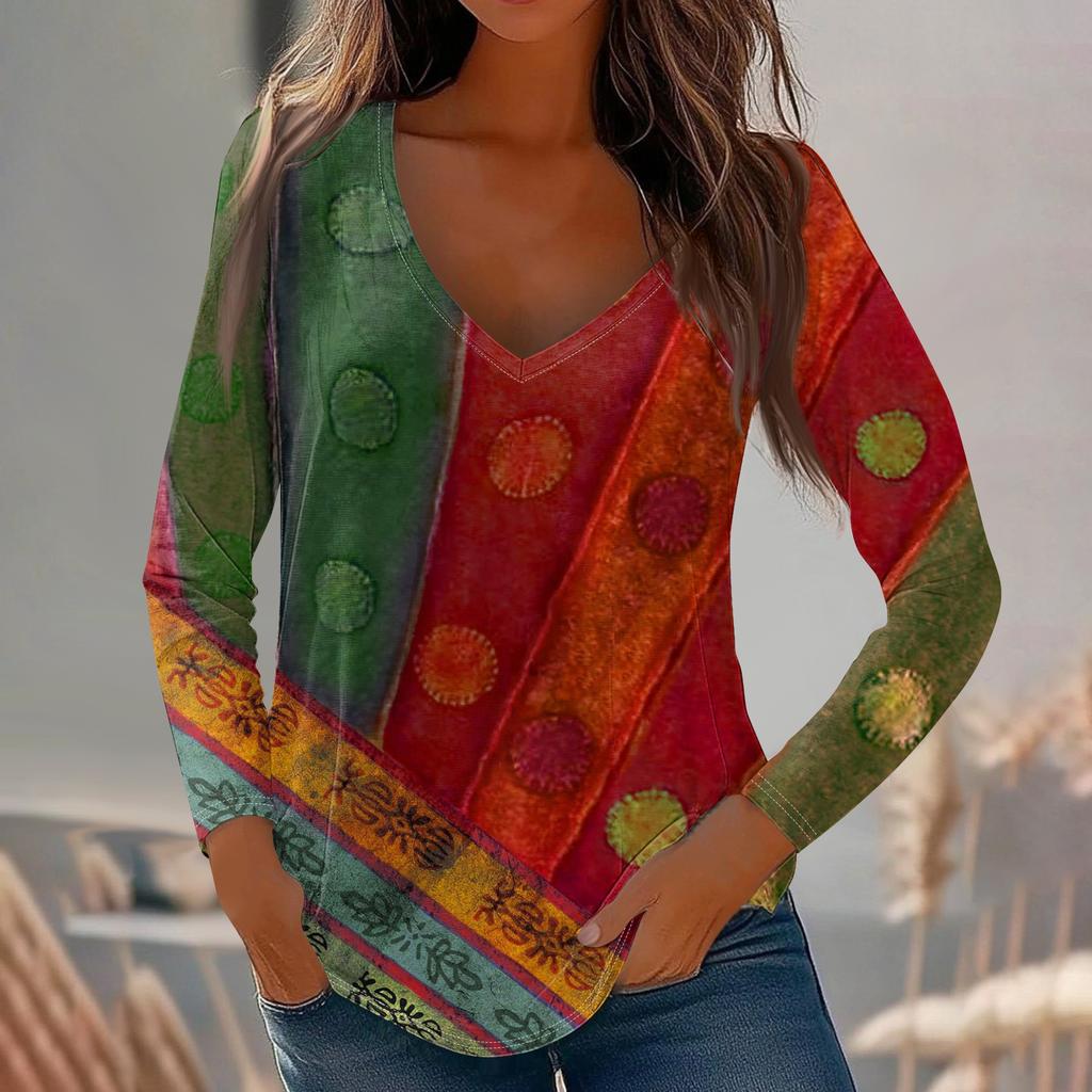 Womens Long Sleeve Tops V Neck Shirts Casual Flower Print Basic Trendy Tee Blouses Fall Tunic Outfits Fitted T Shirts
