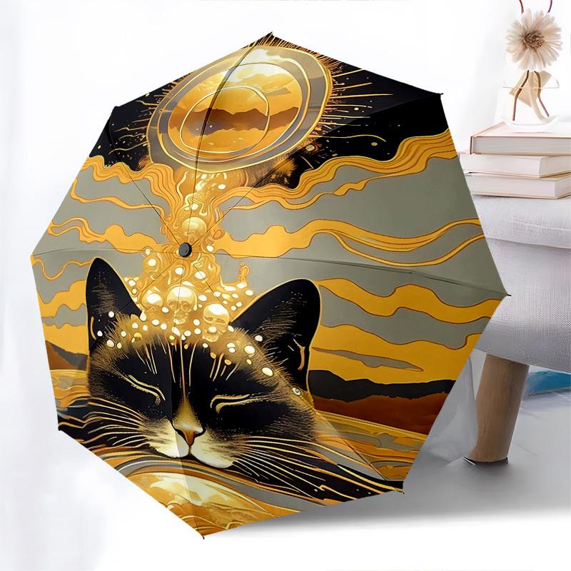 

1pc Golden Cat Sunset Automatic Opening/Closing Umbrella, Portable Folding Design with Iron Frame, Perfect for Outdoor, Festive Gifts, Travel, Daily U