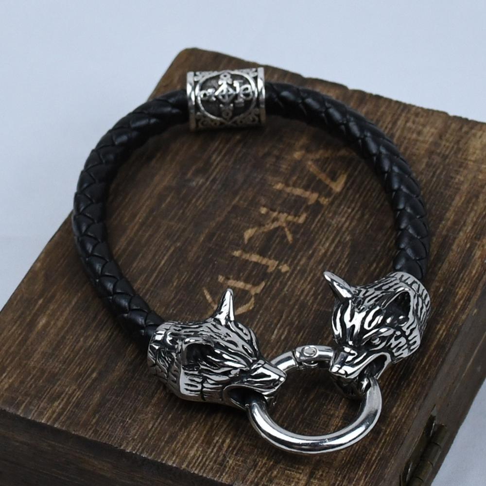 Wolf Head Bracelet Stainless Steel Viking Rune Bead Leather Bracelet Jewelry For Women Men Unisex Gift