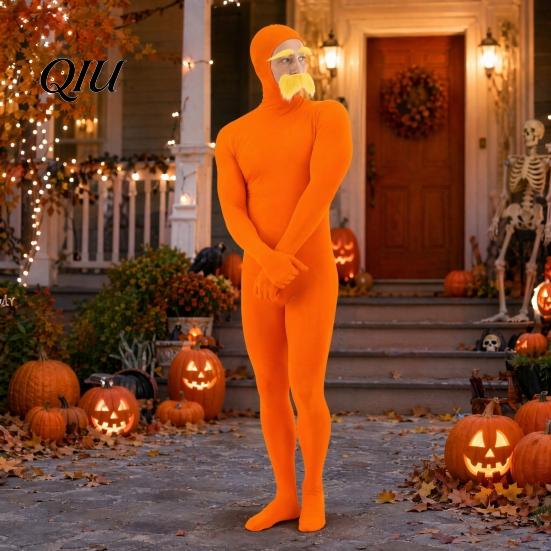 Reading Day Costume Face Open Halloween Costume, Unisex Full Body Orange Bodysuit with Beard Fun Family Eyebrows for Men Women, Adult Stretchy Cosplay