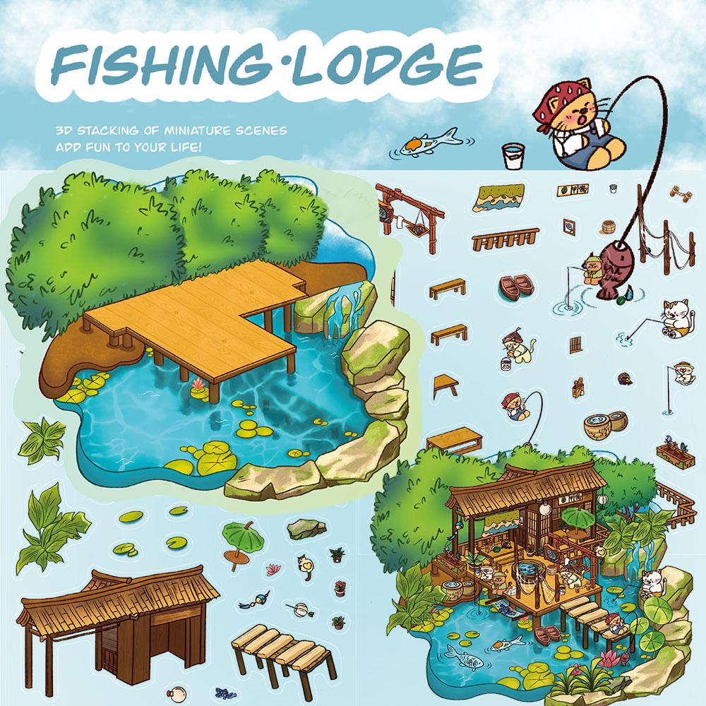 

2PCS Fishing Lodge Stickers Miniature Living Room Landscape Decompression Skateboard Landscaping PET Gift Stacking Sticker
