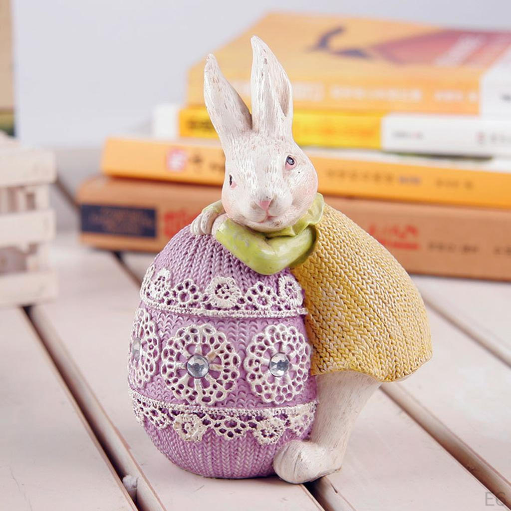 Cute Easter Bunny Statue with Egg Sculpture Resin Figurine Crafts Home Table