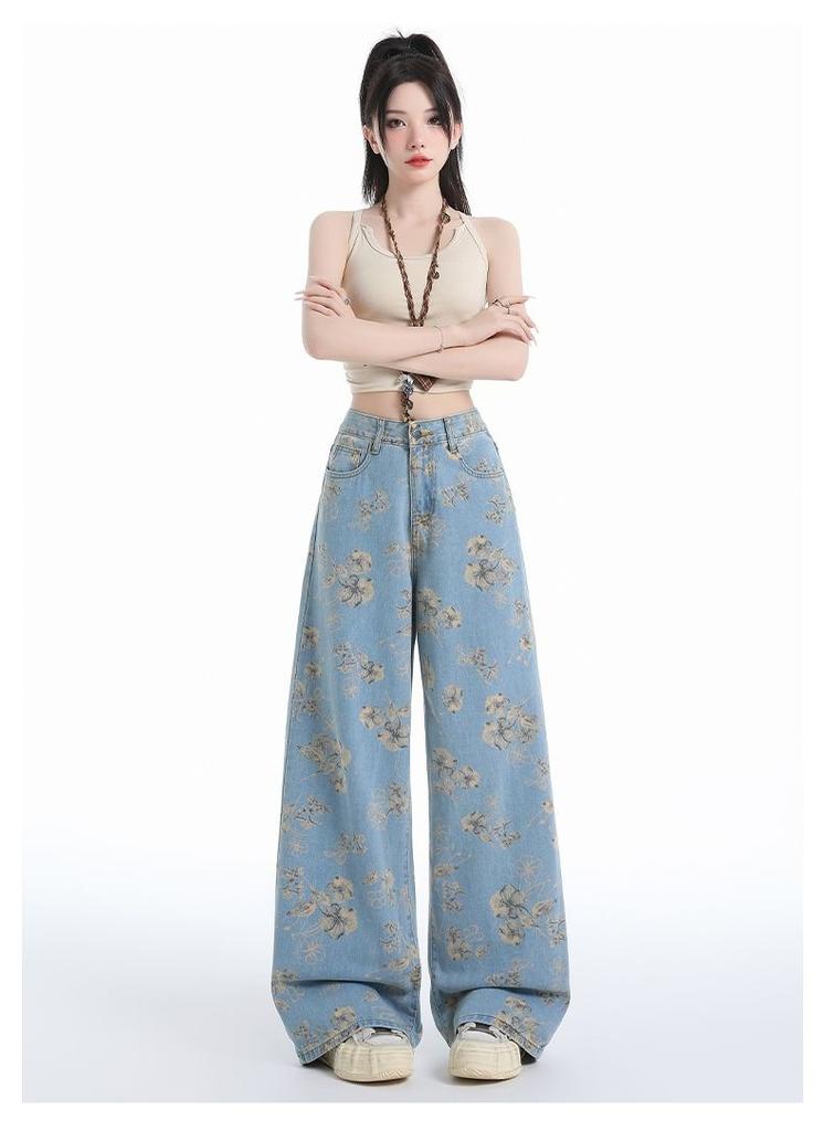 Ge Di Jie Design Sense Trendy Print Narrow Version Wide Leg Jeans