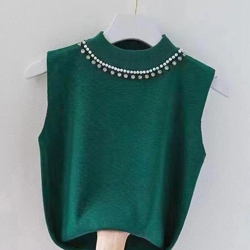 Fashion Knitted Sleeveless Bottoming Shirt Women's Inner Sling Vest Summer Elegant Solid Color Bead New Basic Tank Tops Casual Simple Blouse Clothing