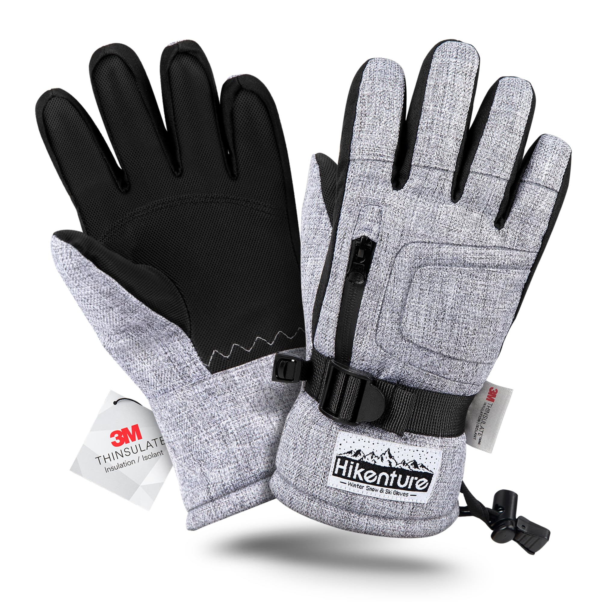 

Hikenture Ski Gloves Thinsulate Double Waterproof Fleece Lining Snow Gloves for Kids and and Adjustable Perfect for Outdoor Winter and Kids [3M серый