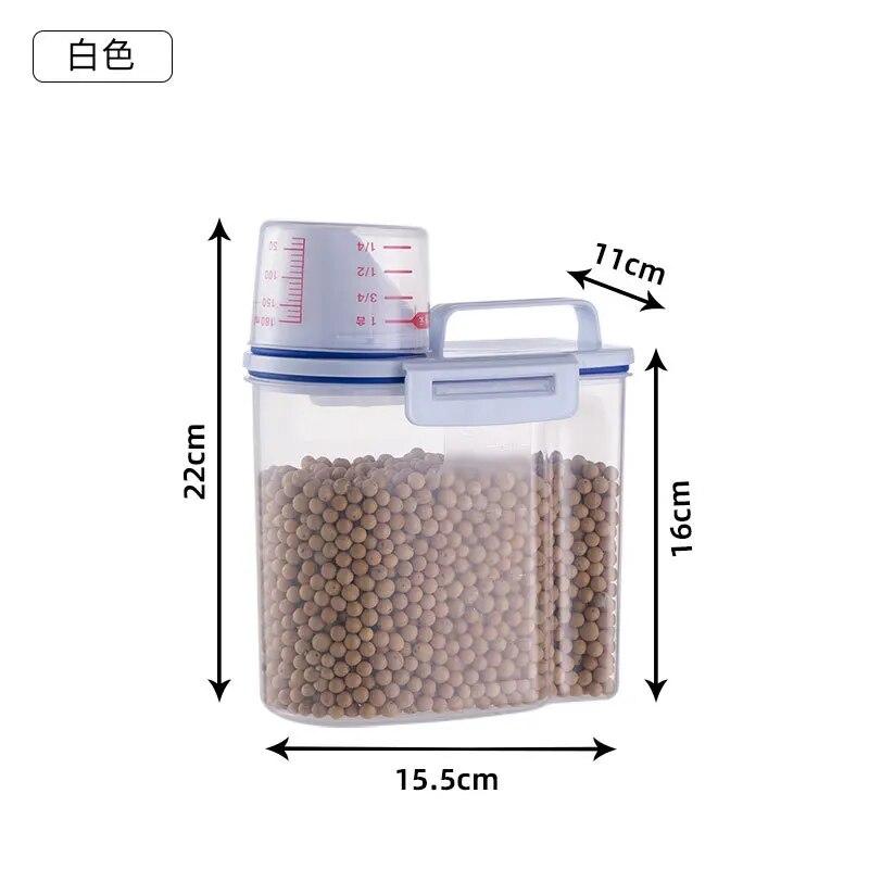 1.5/2L Waterproof Pet Food Storage Tank with Measuring Cup Sealed Container Leakproof Portable Buckets Dog Cat Feeder Dispenser