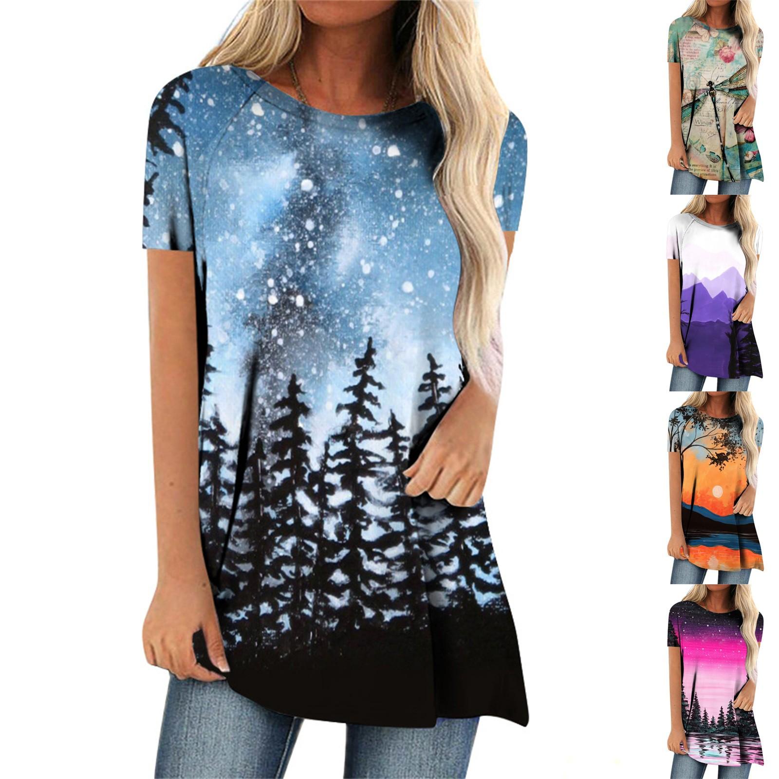 

Женская мода, повседневная блузка с коротким рукавом и круглым вырезом, пуловер с принтом