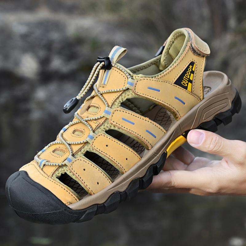 Summer Genuine Leather Men s Sandals Classic Breathable Slip-On Sandals Men Outdoor Casual Beach Sandals Sneakers Plus Size 46 38