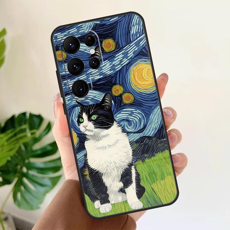 Cat Van Gogh's The Starry Night Soft Case For Samsung Galaxy S25 S21 S22 S23 S24 Ultra S9 S10 Plus S20 FE S24 FE Phone Cover