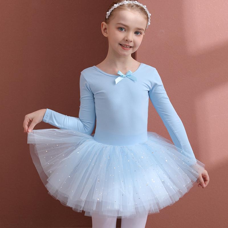 Children's Dance Clothes, Pure Cotton Spring Long-sleeved Girls' Practice Clothes, Blue Children's Ballet Sequined Gauze Skirt