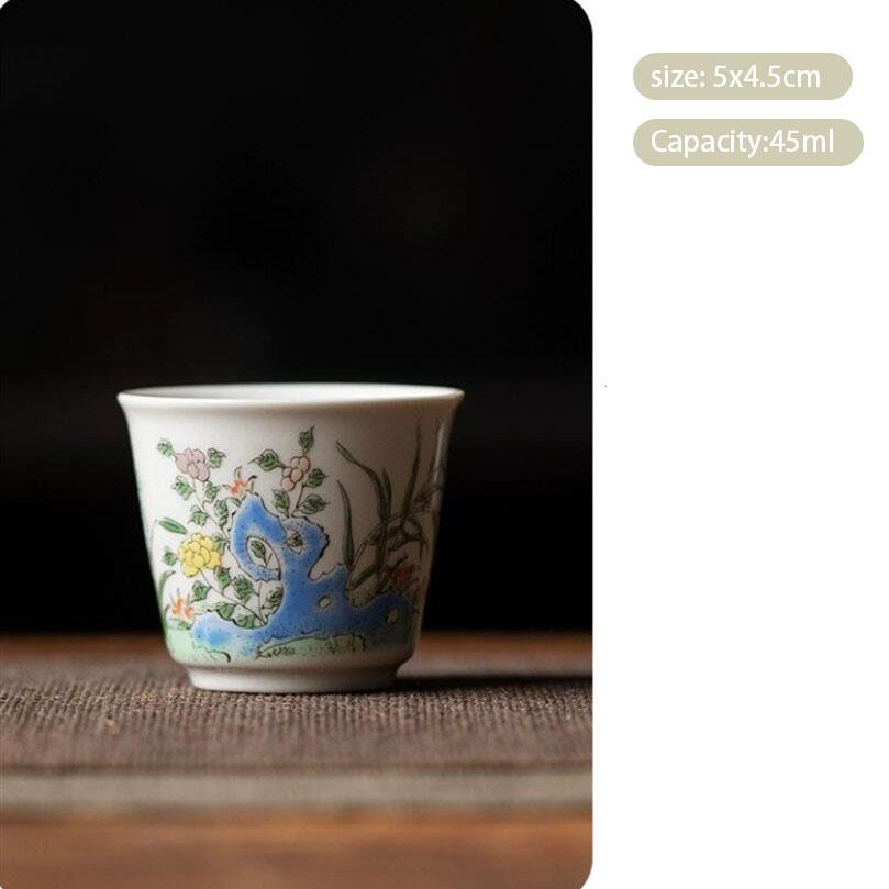 1 ks čínský retro ručně vyráběný keramický čajový šálek s ručně malovaným květinovým vzorem, čajová miska s kravatou, čajová sada Guanyin Pu'er, porcelánový čajový šálek 45ml