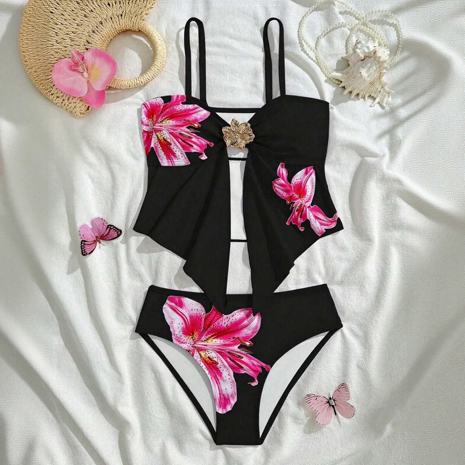 Brilliantlife Meisjes Tweedelig Bikini Set Bloemenprint Zwempak Verstelbare Bandjes Top aan de Voorkant Comfortabele Zwemkleding voor Kinderen Jeugd 12
