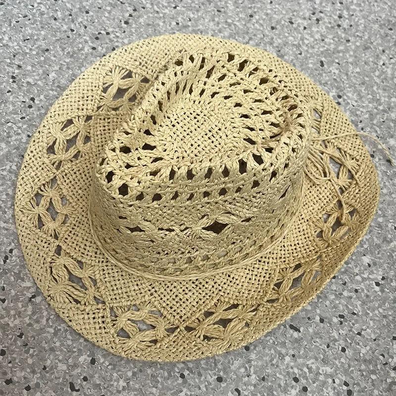

Women s Men s Travel Sunscreen Straw Hat PU Tie-dye Chain Western Outdoor Beach Cap Metal Rivet Travel Holiday Cowboy Hats світлого кольору хакі