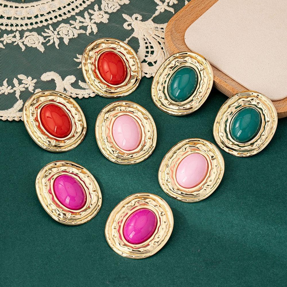 Exaggerate Retro Gold Color Liquid Metal Oval Multiple Colors Stud Earrings for Women Personality Medieval Jewelry Accessories
