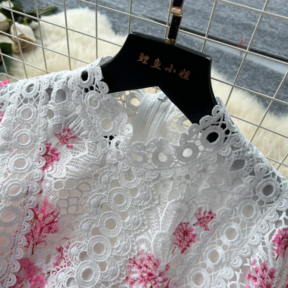 Summer Fashionable Short Sleeve Slimming Water Soluble Lace Dress Vintage Stand Collar Ruffles Splice Lace Mid-Length Dress
