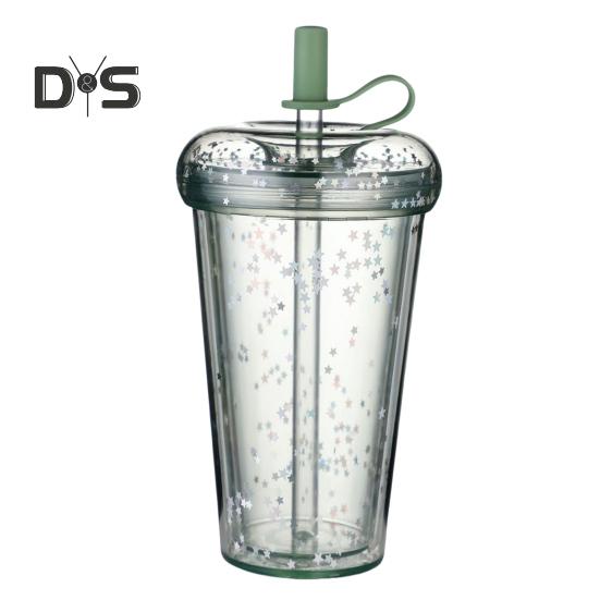 Leak-proof Iced Coffee Cup Reusable Straight Pipette Cup with Built-in Straws Double Wall Insulated Iced Coffee Tumbler Cartoon Drinking Cup