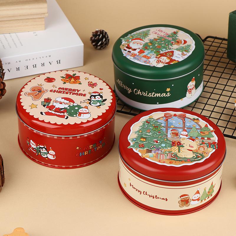 Round Christmas Tinplate Candy Box Metal Santa Claus Biscuit Packaging Can Empty Gift Packaging Box Sugar Packing Box