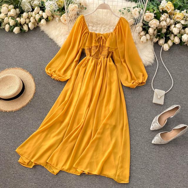 Šik Elegantní Maxi šaty s čtvercovým výstřihem Dámské Jednobarevné Šifonové Šaty s nafouknutými rukávy Korejská Móda Vintage Volánkové Vestidos