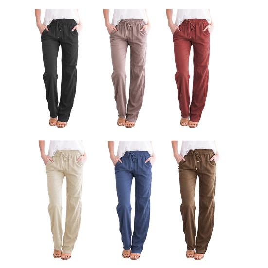 Women Casual Pants Elastic Drawstring Waist Long Pants with Pockets Solid Color Loose Fit Wide Leg Trousers