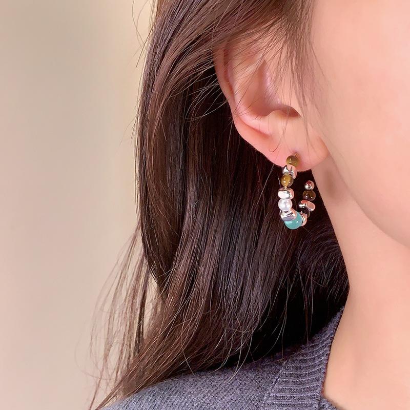 Vintage Colorful Round Beaded Hoop Earrings for Women Ladies Ethnic Style Stones Bead Pendant Earrings Party Jewelry Accessories