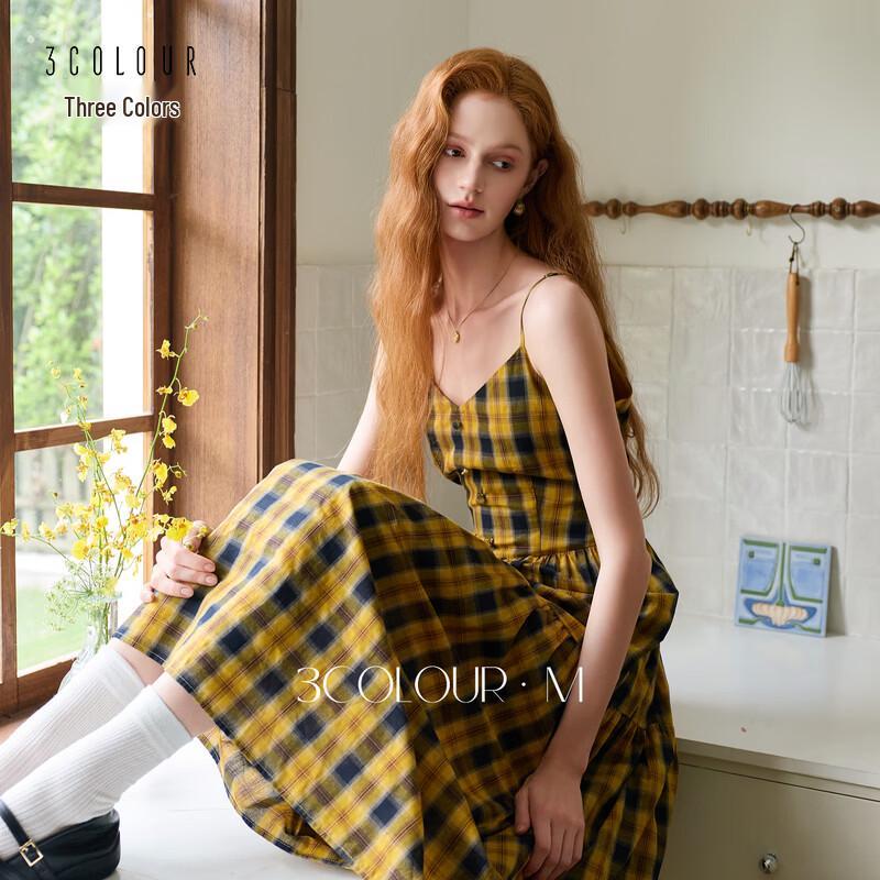 V-Neck Plaid A-Line Long Slip Dress L