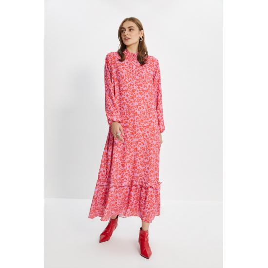 Fusta cu jumătate de guler cu flori portocalii Rochie cu volan lat