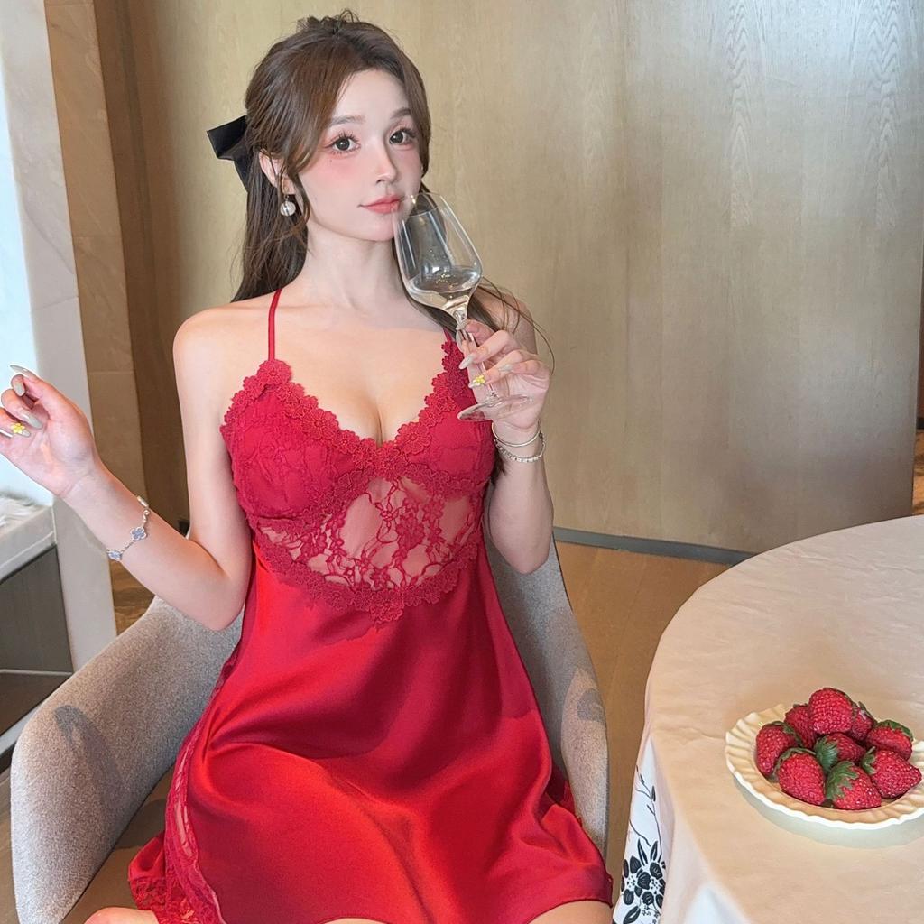 Pure desire suspender nightdress women's summer ice silk sexy temptation hollow back lace sex pajamas loungewear