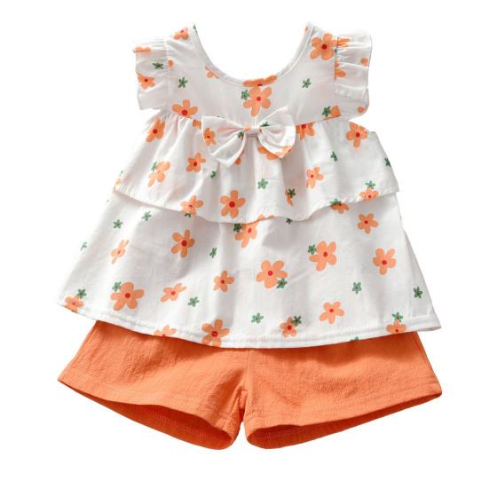 2Pcs/Set Baby Shirt Set Flower Print Breathable Sleeveless Girls Tops Shorts Kit for Summer