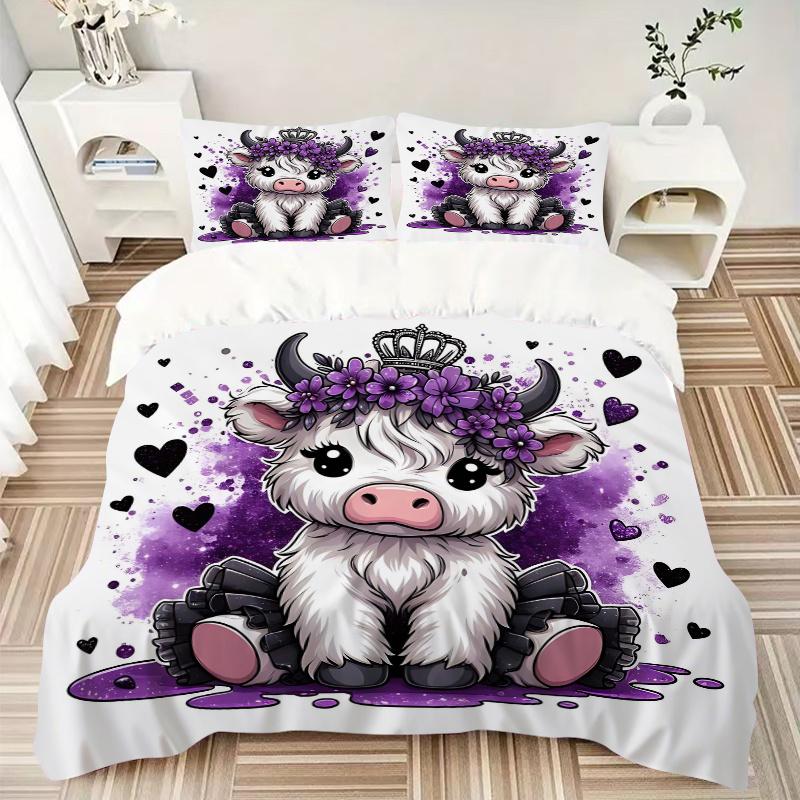 3pcs Purple Crown Cow Printed Quilt Set - Soft and Comfortable Quilt Cover for Bedroom, Guest Room and Dormitory Decorative Bedding Set 1 Du