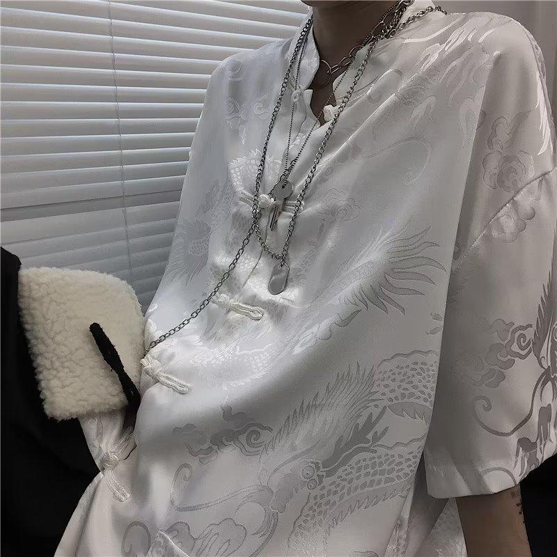 Men's Retro Chinese Tang Suit Short-Sleeved Dragon Pattern Shirt - National Trend Couple's Casual All-Match Jacket