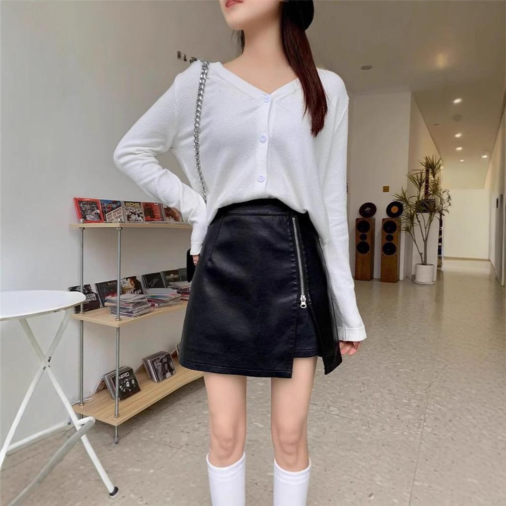 High Waist Korean Style PU Leather A-line Skirt - Autumn/Winter Short Hip Wrap