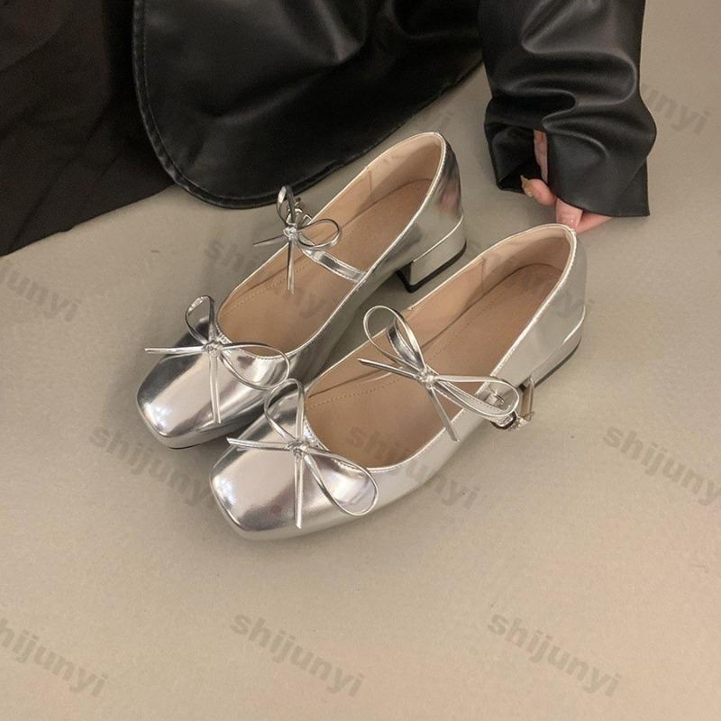 Mode Damen Ballett Mary Jane Schuhe 2025 Sommer Damen Retro Quadratische Zehenpartie Schleife Hohe Absätze Bequeme Lederkleidschuhe Damen Freizeitschuh