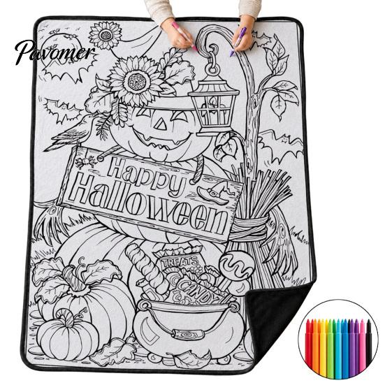 Kreativní relaxační dárky pro teenagery Halloweenská DIY deka k vybarvení se 24 fixami, Vlastní vybarvení přehozu, Dekorativní deka do obývacího pokoje, Duch a dýně