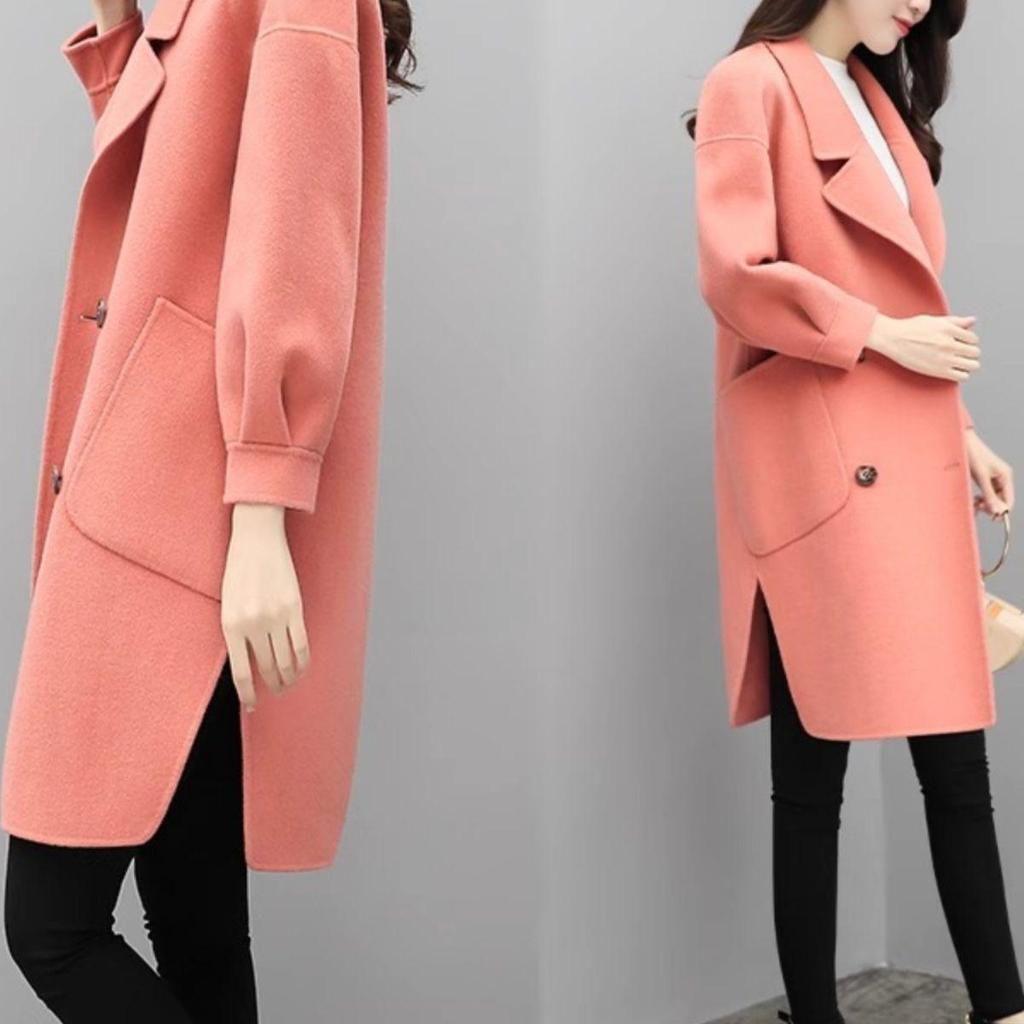 Petite Women's Mid-Length Lantern Sleeve Black Wool Coat - 2025 Korean Style for Autumn and Spring