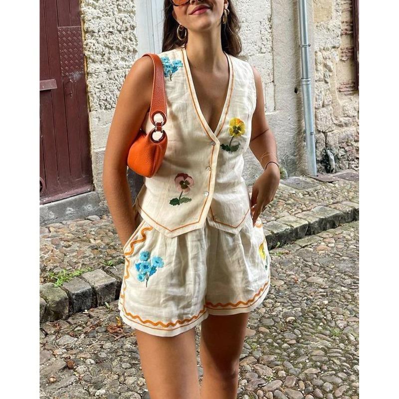 Summer Women's Sleeveless Printed Vest Casual Loose Holiday Shorts Suit