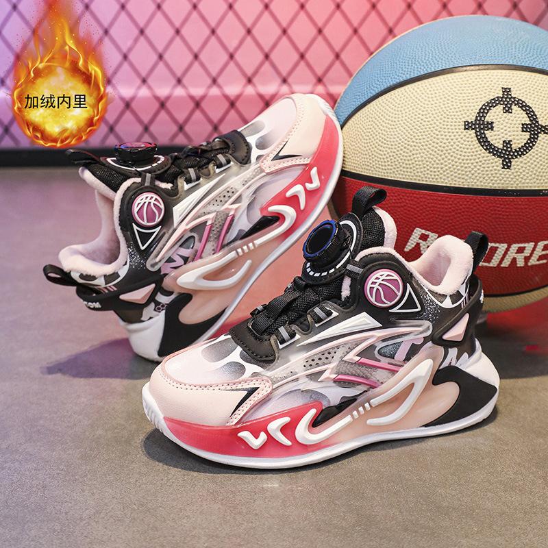 Fleece and Thickened Medium and Older Children's Sports Shoes 2025 Friction Basketball Shoes Two Cotton Autumn and Winter Sound Boys' Sports Shoes