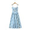 French sky blue retro rose print medium and long sundress women's summer suspender dress