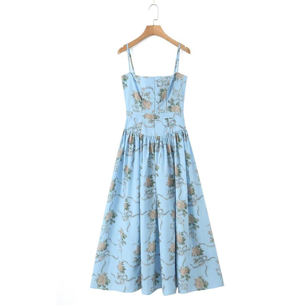 French sky blue retro rose print medium and long sundress women's summer suspender dress