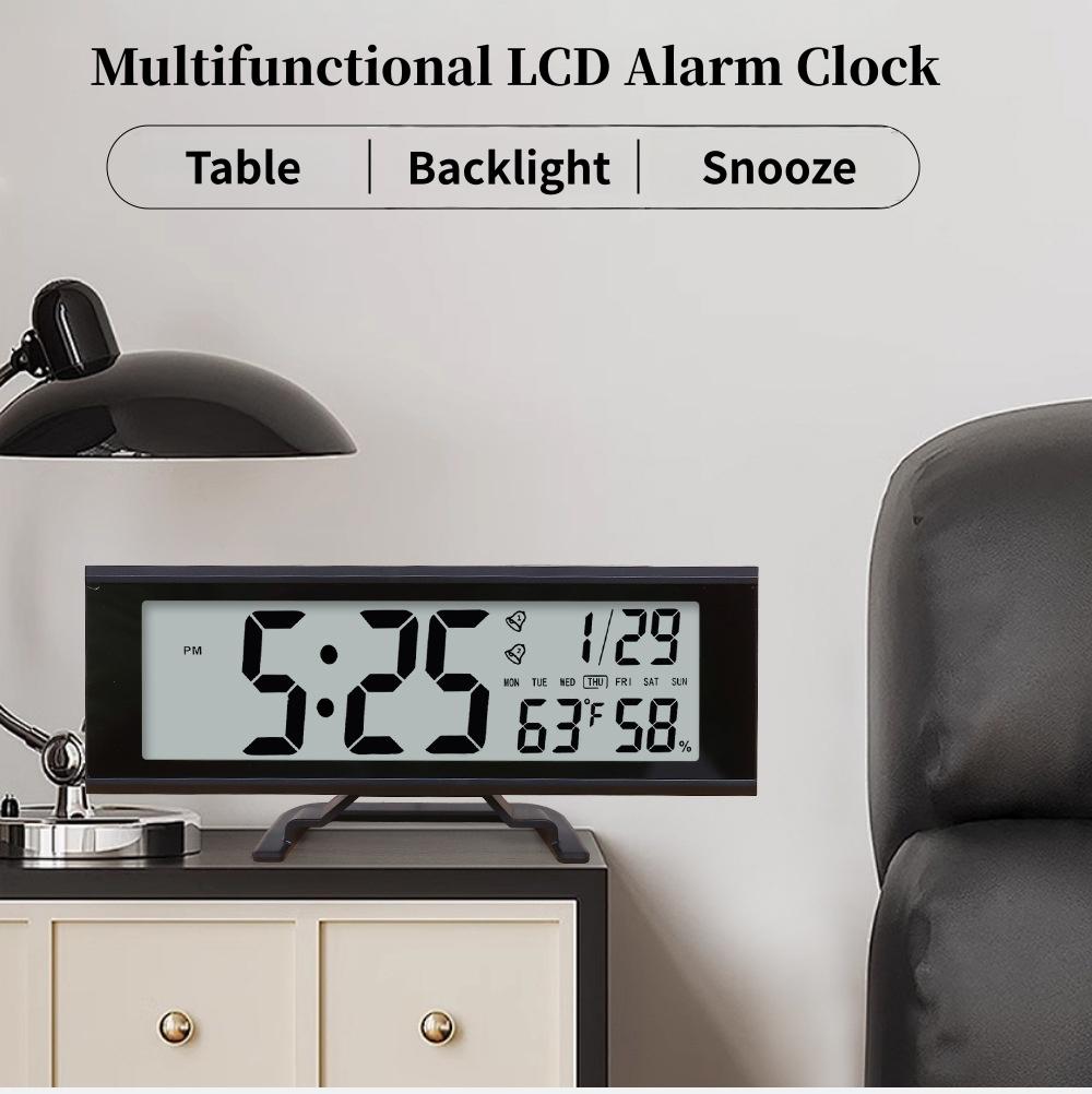 Battery Powered Large Digital Alarm Clock with Backlight Temperature Humidity Date Snooze Table Clock Dual Alarm12/24H LCD Clock