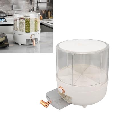 360 Degree Rotating Grain Dispenser Plastic 6 Compartments Kitchen Storage Container for Rice Bns White
