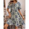 Plus Size Women Clothing Summer New European and American Fashion Print V-neck Lace-up Loose Belly Covering Short Sleeve Dress Midi Dress