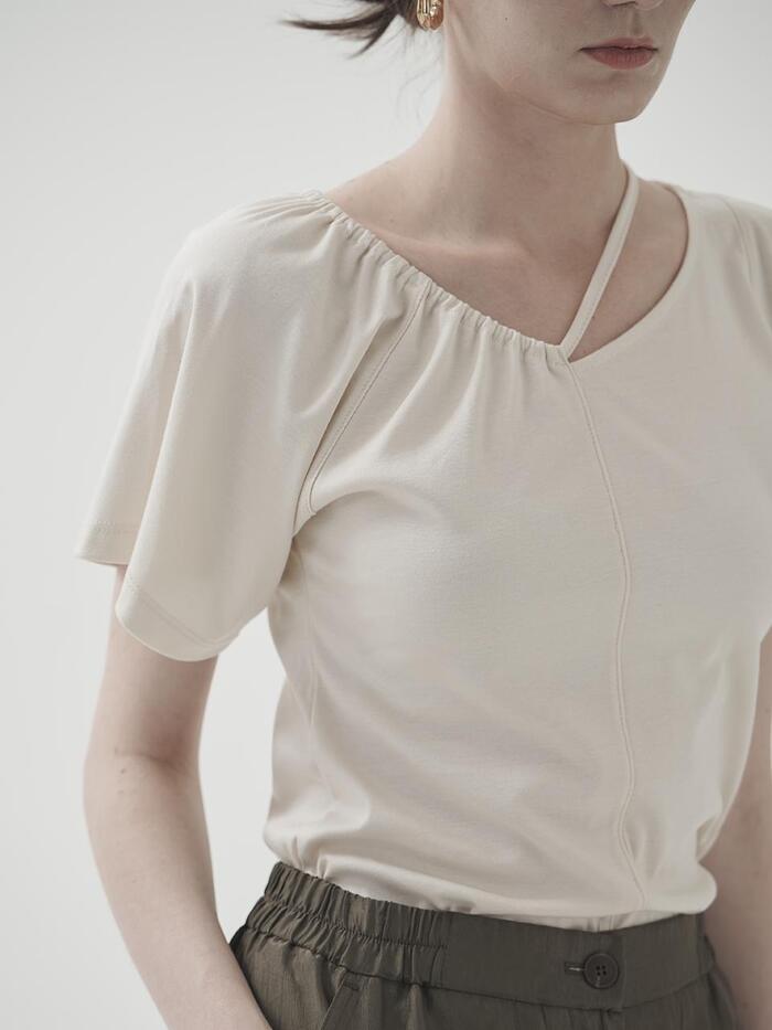 RAYHER Unbalanced Strap T-Shirts [L/Beige]