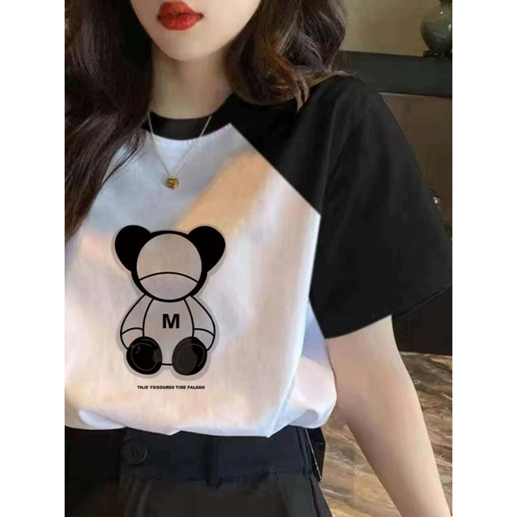 T-shirt da donna a maniche corte con design sulle spalle, top color block primavera ed estate, stile coreano, scollo rotondo ampio