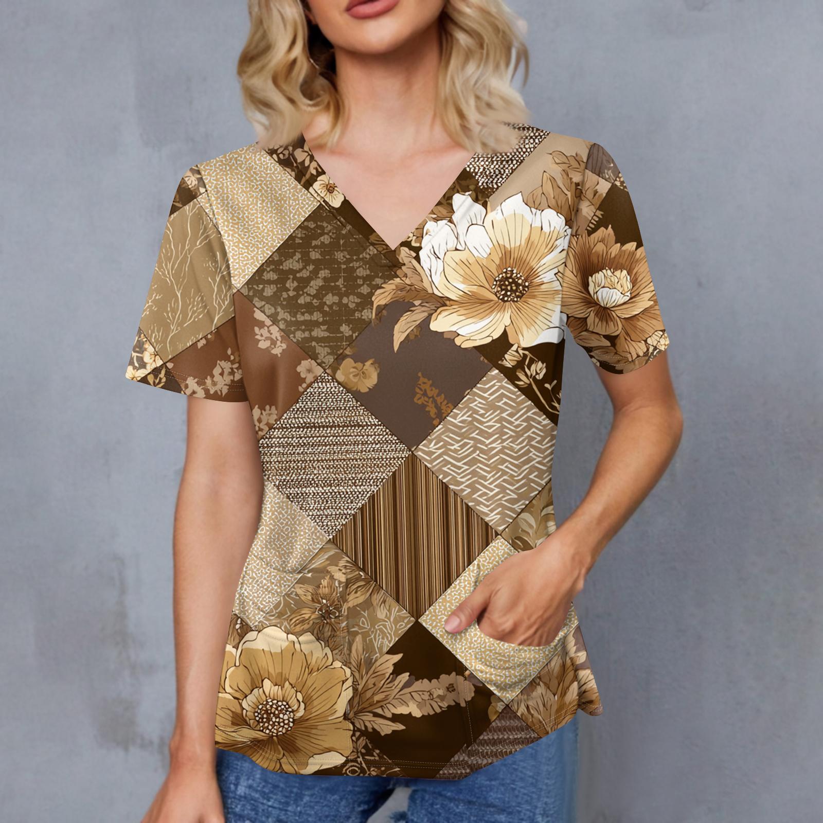 

Women s Retro Printed V-Neck Double Pocket Short Sleeves Hem Slit Uniform Caregiver Top XXXXL