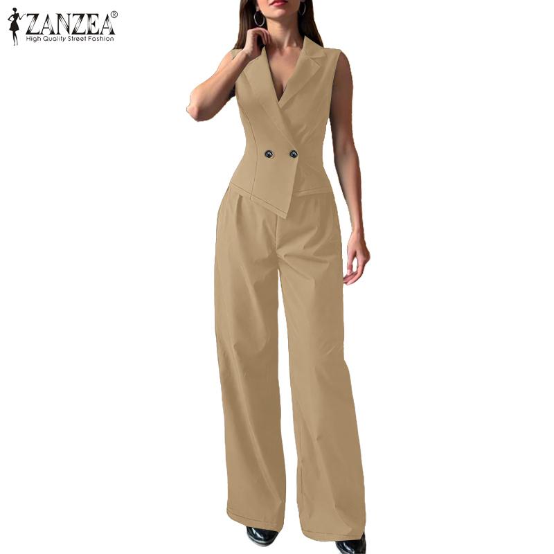 ZANZEA Topuri tip vestă fără mâneci pentru femei și pantaloni Seturi casual din două piese