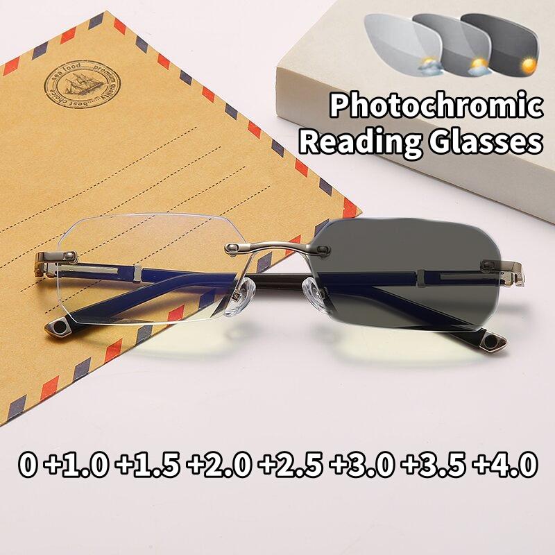Anti Blue Light Presbyopia Diamond Trimmed Frameless Photochromic Reading Glasses Glasses Fashionable Business Men Glassess