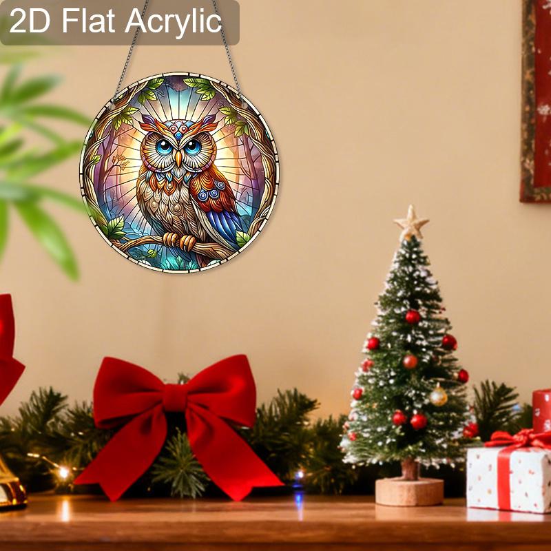 Acrylic Mystical Forest Owl Stained Glass Style Suncatcher, 2D Flat Acrylic Window Hanging Ornament for Fantasy & Nature Lover Gifts