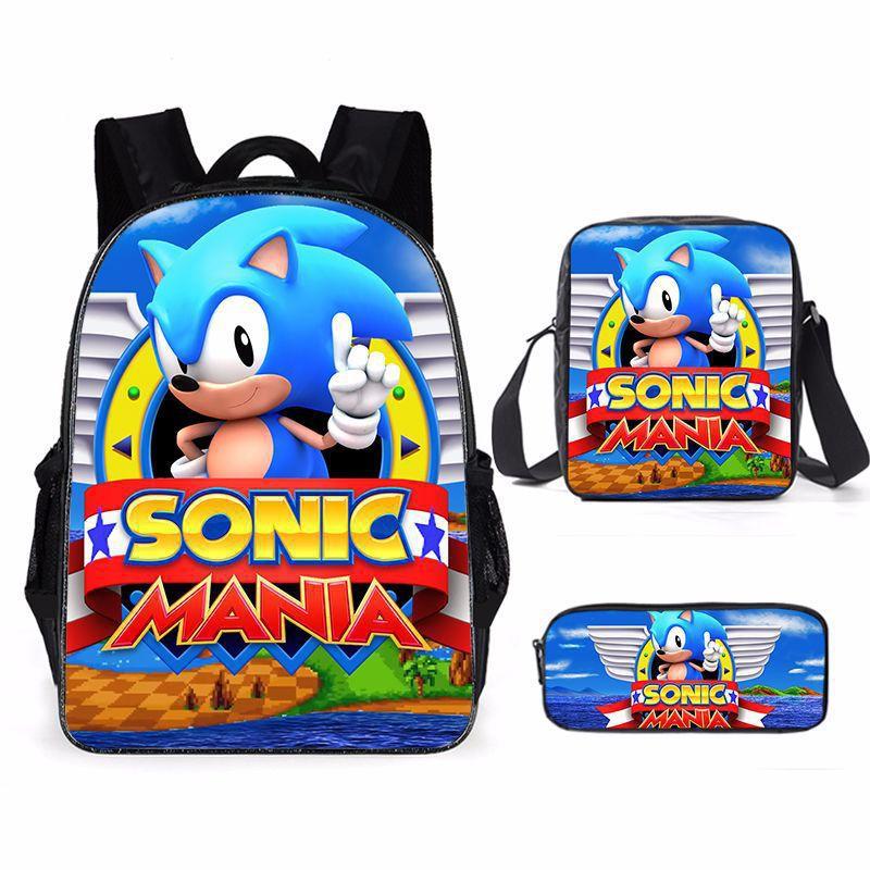 Cartoon Sonic Backpack, Primary And Secondary School Schoolbag, Messenger Bag, Pencil Case Three-Piece Set