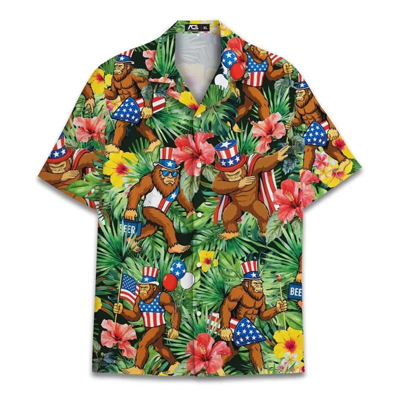 Men's Alien Bigfoot Shirt 3D Neon Print Short Sleeve Hawaiian Shirt Summer Oversized Hip Hop Tops