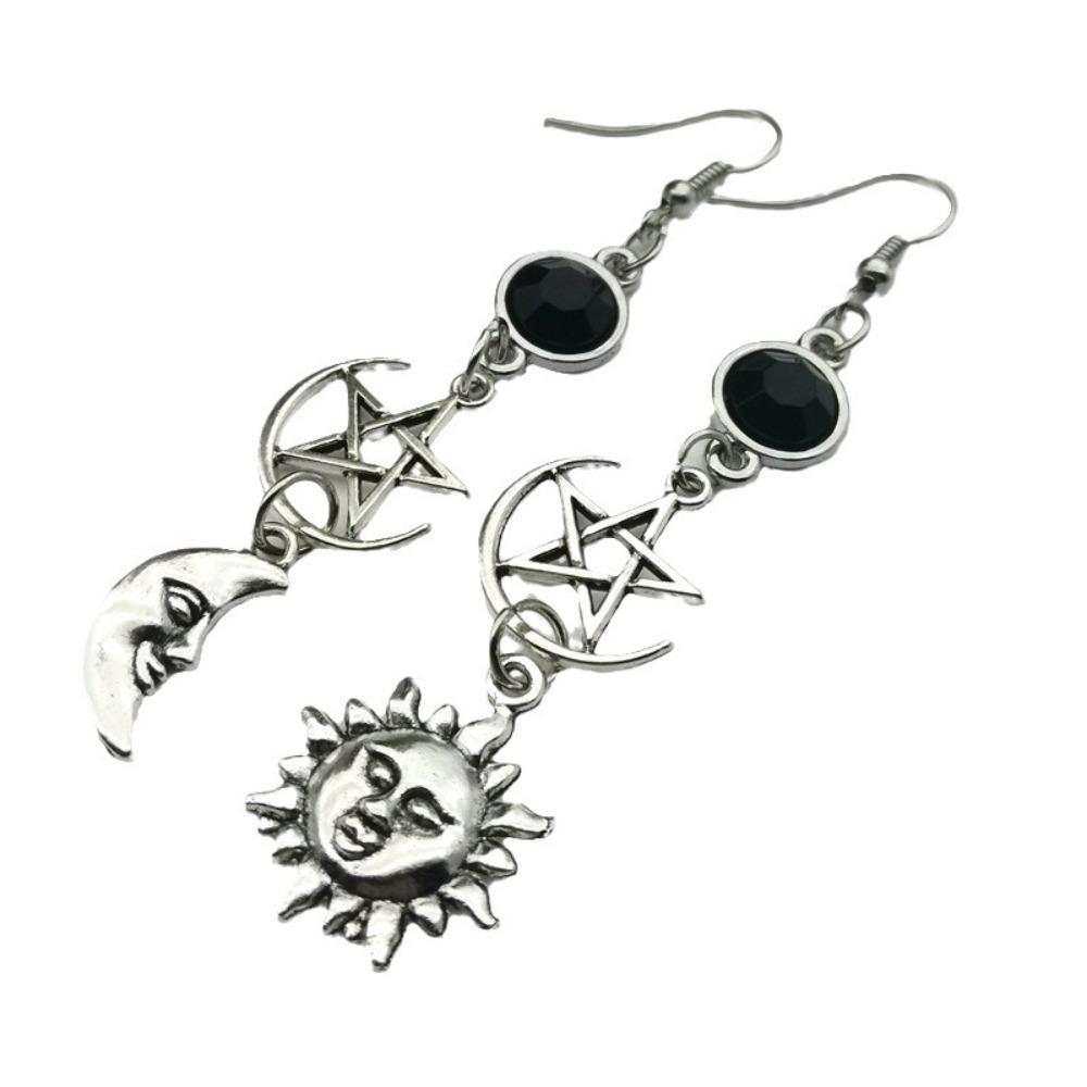 Gothic Retro Black Zircon Sun Moon Mango Star Long Pendant Dangle Earrings for Women Bohemian Fashion Jewelry Accessories Gifts